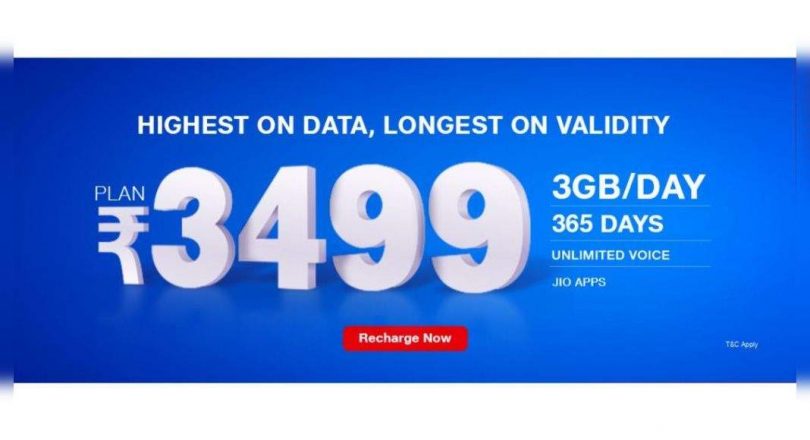 Reliance Jio Rs 3,499 Prepaid Packages Launched with 3GB Valities per Day and 365 days