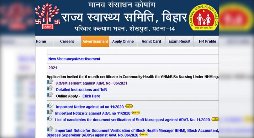 Country Health Society Bihar Recruitment 2021: Valid online for posting 2100 cho