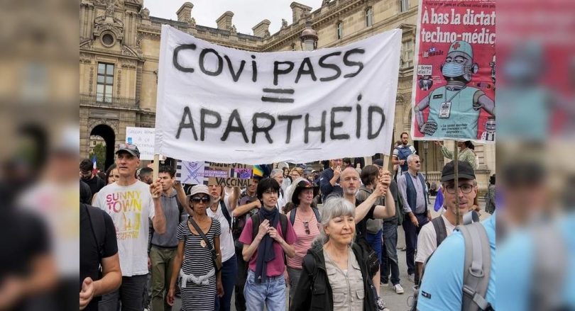 Anger as a French protester compared the vaccine to the horror of the Nazi