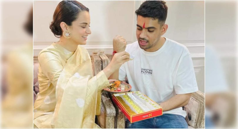 Kangana Ties Rakhi to Brother Akshit on Set