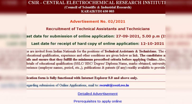 Cecri Recruitment 2021: apply online for 54 technical posts and technicians