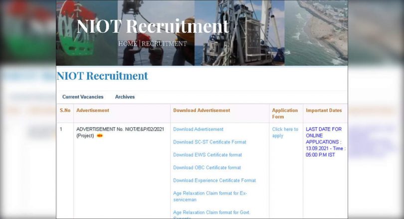Recruitment Niot 2021: Applies online for 237 project scientists, research research & other posts