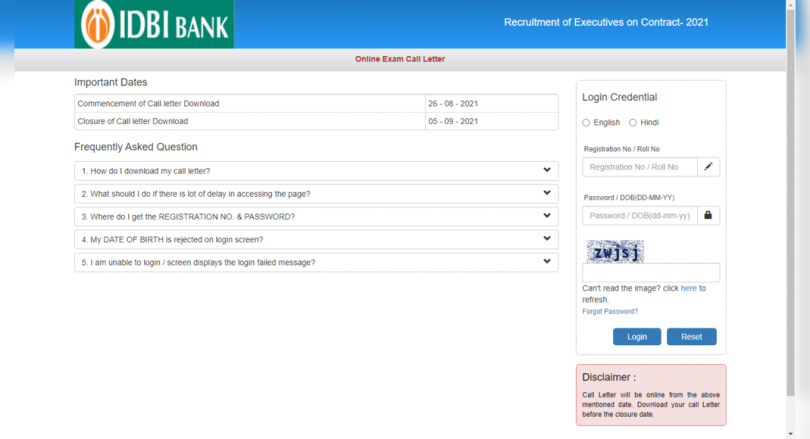 IDBI 2021 Admit Executive card was released, download here
